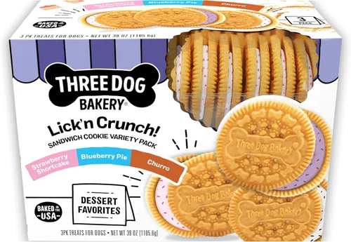 Miniatura 9 de Three Dog Bakery Lick'n Crunch Sandwich Cookies Premium, golosinas para perros sin sabores artificiales, algarrobo/mantequilla de maní