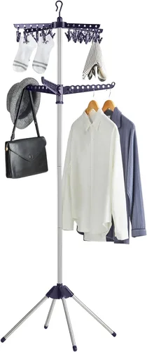 Miniatura 54 de SONGMICS ULLR510B01 - Estante de secado de ropa plegable de 59 pulgadas con 3 brazos giratorios para perchas, 4 patas, acero inoxidable, para 27