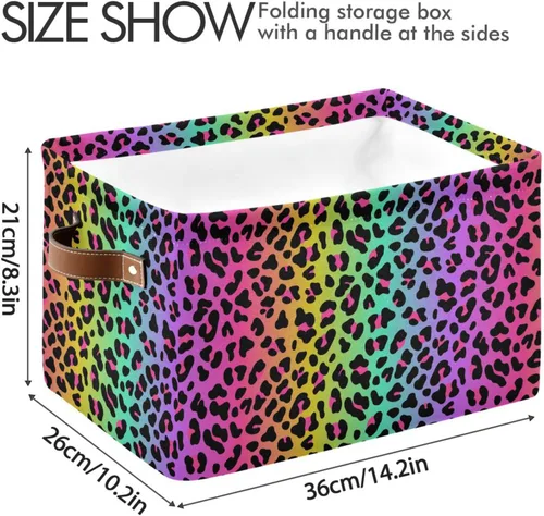 Miniatura 3 de Bolaz Cesta de almacenamiento grande con diseño de leopardo y arcoíris, plegable, con asas, para dormitorio, hogar, oficina