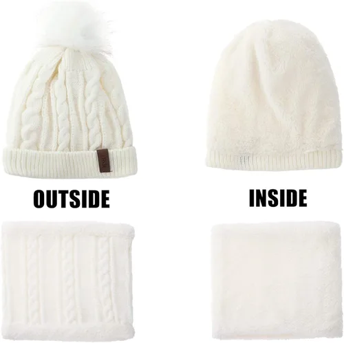 Miniatura 3 de UOUDIO Conjunto de gorro de punto con pompones para mujer y hombre gorro de esquí de invierno gorro de calavera holgado con forro polar
