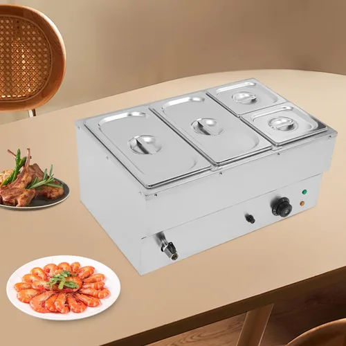 Miniatura 8 de Calentador de sopa de alimentos de 110 V, 4 sartenes, mesa de acero inoxidable de grado alimenticio, encimera comercial, cafetería de buffet