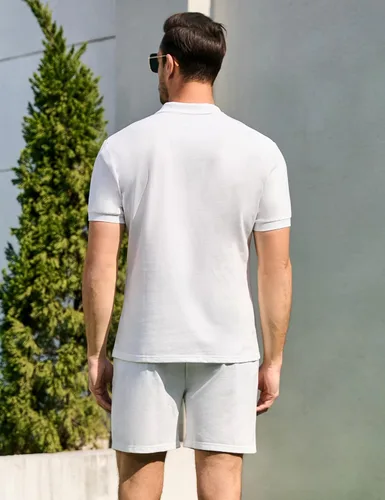 Miniatura 3 de TURETRENDY Conjunto de camisa polo y pantalones cortos para hombre, traje de polo de manga corta casual de 2 piezas, trajes de verano con botones