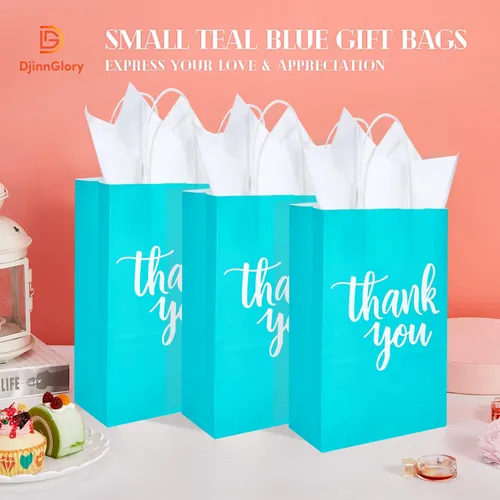 Miniatura 4 de DjinnGlory Paquete de 50 bolsas de papel pequeñas de color verde azulado con asas de 9 x 5.5 x 3.15 pulgadas y 50 bolsas de papel de seda blanco
