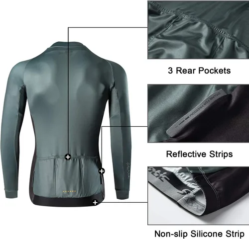 Miniatura 41 de Santic - Camiseta de ciclismo para hombre, manga larga, reflejante, cremallera completa, con bolsillos