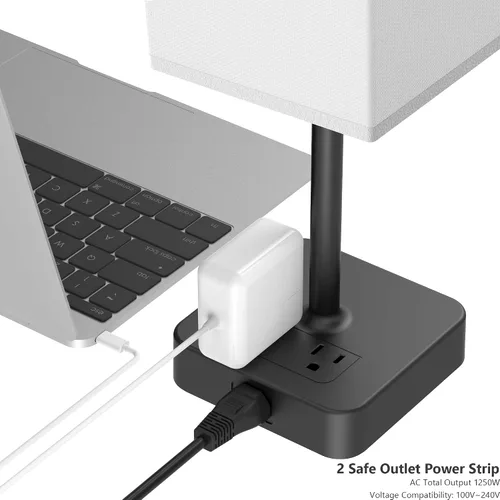 Miniatura 5 de Lámpara de mesa de noche con control táctil y puertos de carga USB C+A, lámpara de escritorio LED con 2 salidas de CA, luz minimalista para mesita