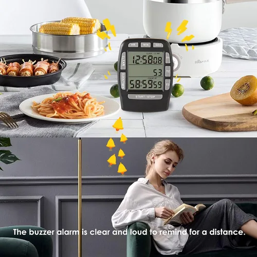 Miniatura 7 de Temporizador triple de cocina digital, seguimiento de cuenta regresiva y cuenta regresiva, recordatorio de zumbador fuerte, batería reemplazable