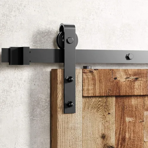 Homacer Kit de herrajes para puerta corrediza de granero sin derivación, color negro, rústico, para una sola puerta, pista plana de 4 pies de largo,
