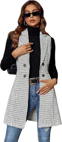 Miniatura 5 de GORGLITTER Chaqueta larga a cuadros de doble botonadura para mujer sin mangas chaqueta larga con bolsillos