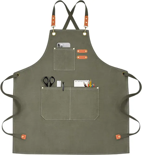 Miniatura 15 de OUNLEN Delantal de Chef para Hombres y Mujeres de Lona con 3 Bolsillos, Delantal Resistente de Trabajo con Espalda Cruzada para Cocinar