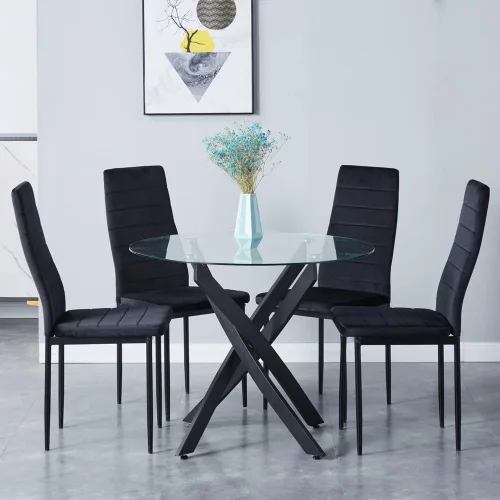 Juego de mesa de comedor redonda de vidrio templado para 4, juego de mesa de cocina moderna de 5 piezas con 4 sillas tapizadas para cocina y comedor