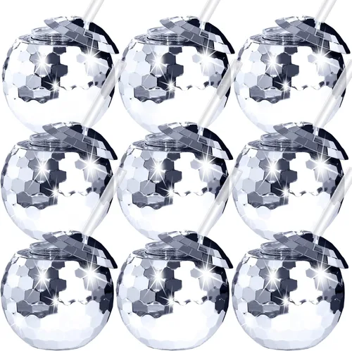 Miniatura 8 de 6 tazas de bola de discoteca esféricas plateadas, bola de disco flash, taza de cóctel, taza de cóctel con purpurina brillante con tapa y pajita