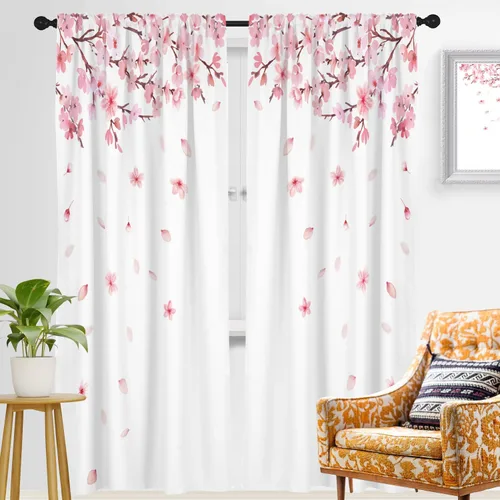 Miniatura 8 de zokyer Cortina de ventana larga y ancha para ventana, diseño de flores de cerezo con ramas de Sakura japonesas, arte de jardín para niñas, 52