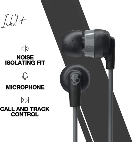 Miniatura 3 de Auriculares con cable Skullcandy Ink’d+ con conector AUX de 3.5mm, ajuste con aislamiento de ruido, micrófono en línea y control de llamadas y Negro