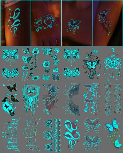 20 hojas de tatuajes temporales de mariposa que brillan en la oscuridad para mujeres, flores luminosas, mariposas, alas de tatuaje, calcomanías de
