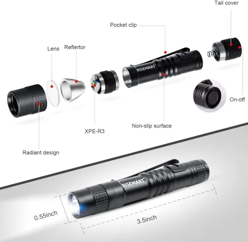 Miniatura 2 de RISEMART Mini Linterna Súper Pequeña AAA 100 Lúmenes Ultra Brillante Luz LED Tipo Bolígrafo Clip de Bolsillo Antorcha Táctica (3.5" 2 Unidades)