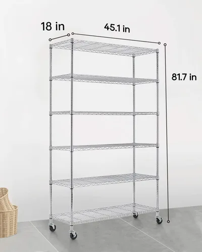 Miniatura 3 de FDW Estantería de alambre de 18 x 45 x 82 pulgadas con ruedas de acero de 6 niveles de alta resistencia, estante de almacenamiento de metal