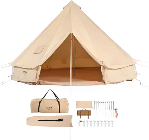 VEVOR Tienda de Campana de Lona, Yurta de 4 Estaciones para Acampar con Toma de Estufa, Transpirable, Sostiene hasta 4 Personas, Acampada Familiar
