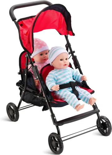 Hushlily® Tandem - Cochecito de muñeca doble con toldo ajustable y cesta, plegable, con ruedas suaves (rojo y azul)