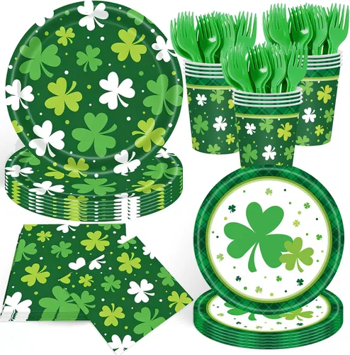 Decoraciones para el Día de San Patricio para 24, suministros de fiesta desechables de trébol con platos llanos, platos de postre, vasos,