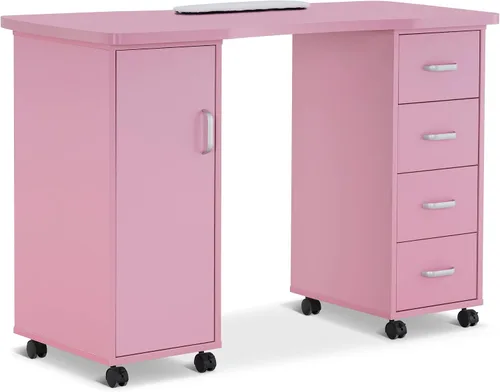 Miniatura 11 de BarberPub Mesa de manicura, escritorio de uñas resistente a la acetona, mesa de uñas con 4 cajones, 2 gabinetes, ruedas bloqueables, almohadilla