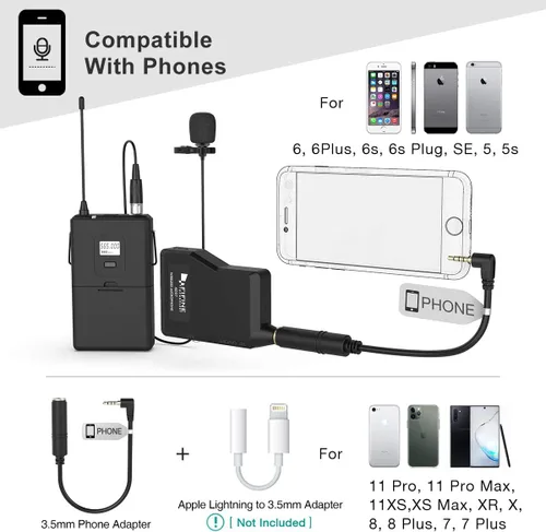 Miniatura 5 de FIFINE Sistema de Micrófono Inalámbrico, conjunto de micrófono inalámbrico con auriculares y micrófonos de solapa Lavalier, transmisor de cinturón