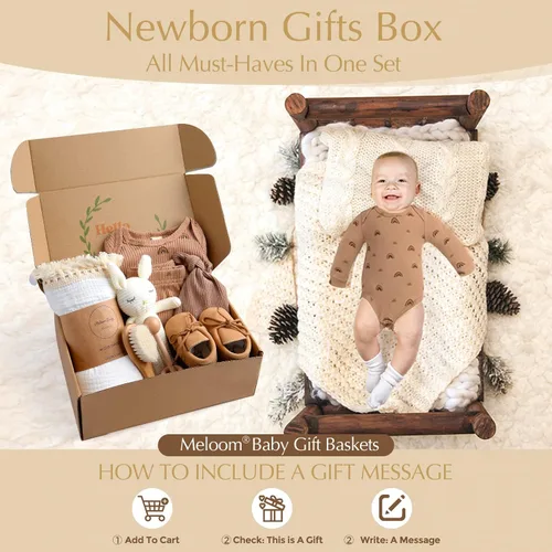 Miniatura 5 de meloom Juego de regalo para bebé, caja de regalo unisex para recién nacidos, artículos esenciales para bebés neutros de género bohemio, regalos