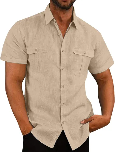 Miniatura 8 de Men's Cuban Guayabera Linen Shirts Solid Color Casual Short Sleeve Button Down Shirt Summer Beach Tops with Pockets