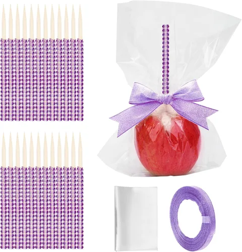 Miniatura 8 de Kit de 24 palos para manzanas de caramelo, 24 palos brillantes para manzanas con pedrería de rinestone de madera con 24 bolsas/ 25 yardas de cinta