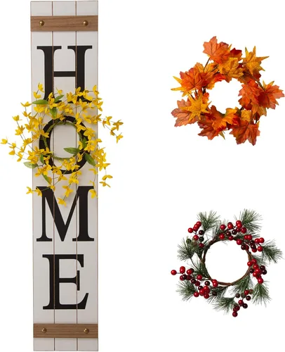 Miniatura 11 de Glitzhome - Letrero con palabra en inglés «Welcome» para puerta delantera, porche, rústico, de madera, con 3 coronas de flores intercambiables