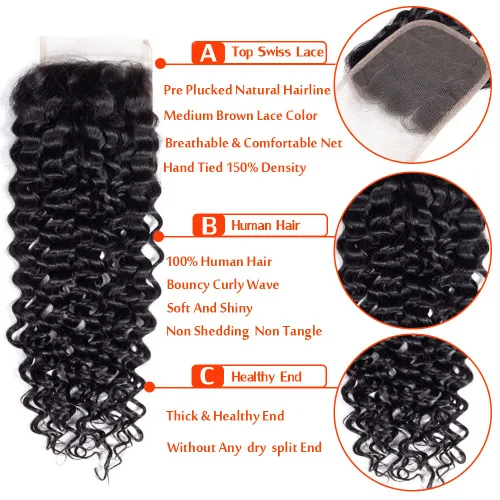 Miniatura 6 de Cabello humano rizado con cierre de encaje de 4 x 4, cabello humano prearrancado Jerry rizado ondulado 12A sin procesar brasileño virgen cierre