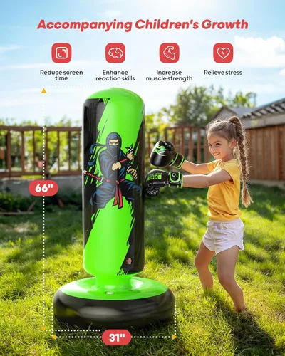 Miniatura 3 de QPAU - Saco de Boxeo para Niños, Bolsa de Boxeo Inflable Estable de 66 Pulgadas con Guantes de Boxeo, Soporte, Juguetes de Boxeo para Niños de 6 a