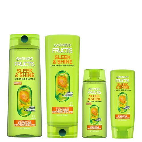 Garnier Fructis Sleek & Shine Full + Champú de tamaño de viaje (12.5 y 3 onzas líquidas) + acondicionador (12 y 3 onzas líquidas) juego para cabello