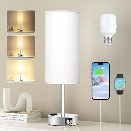 Miniatura 17 de Fenmzee Juego de lámparas de mesa pequeñas táctiles regulables de 2 a 3 vías, carga USB A + C, salida de CA, base de grano de madera, bombillas