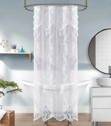 Miniatura 16 de Warm Home Designs Cortina de Ducha para Cabina Negra de 36 x 72 Pulgadas con Cenefa Adjunta y 4 Borlas. Cortina de Ducha Pequeña de Encaje de Lujo