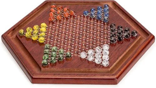 Miniatura 3 de Yellow Mountain Imports Juego de mesa Halma de damas chinas de madera, 13.6 pulgadas, con 60 canicas de vidrio estilo pétalos de colores (0.630 in)