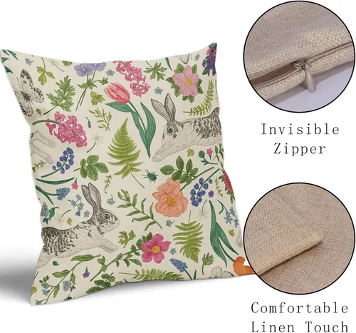 Miniatura 4 de Juego de 2 fundas de almohada de primavera de 16 x 16 pulgadas, diseño de conejo, flores rosas, hojas verdes salvia, plantas botánicas vintage