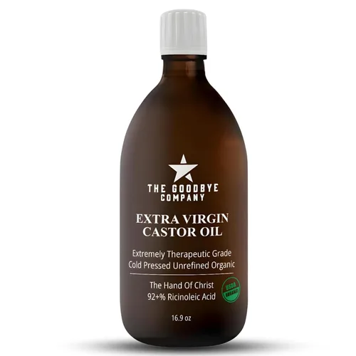 GoodBye Company Aceite de ricino orgánico prensado en frío USDA de 16.9 onzas, botella de vidrio ámbar, sin hexano, virgen extra, grado alimenticio,