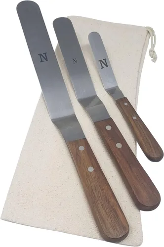 Juego de espátulas de acero inoxidable offset con asas de madera y bolsa de almacenamiento/regalo, herramientas profesionales de decoración de