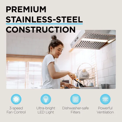 Miniatura 5 de Ivation Campana extractora de 30 pulgadas para debajo del gabinete, 600 CFM, ventilación de 3 vías, luz LED y reloj integrados, temporizador