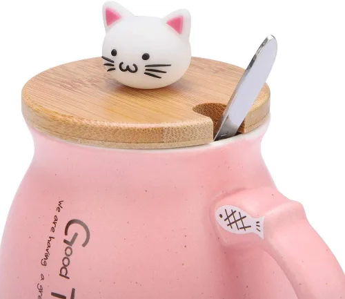 Miniatura 9 de TOPINCN Taza de cerámica con diseño de gato lindo con cuchara y tapa de madera, taza de té y agua para leche para oficina en casa (12.8 fl oz)
