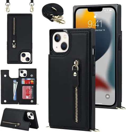 Miniatura 19 de Funda cruzada para teléfono iPhone 13 Pro Max de cuero con tarjetero, funda protectora extraíble, correa de cuero ajustable con botón, compatible