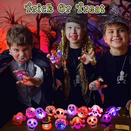 Miniatura 5 de 60 recuerdos de fiesta de Halloween para niños, anillos y tatuajes iluminados, 50 anillos intermitentes LED y 10 tatuajes luminosos, rellenos