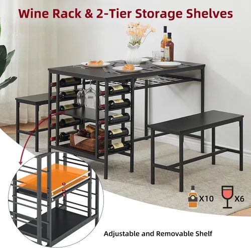 Miniatura 4 de IDEALHOUSE Juego de mesa de comedor para 4, juego de mesa de cocina para 4 con 2 bancos, juego de mesa de comedor rectangular con estante para Negro