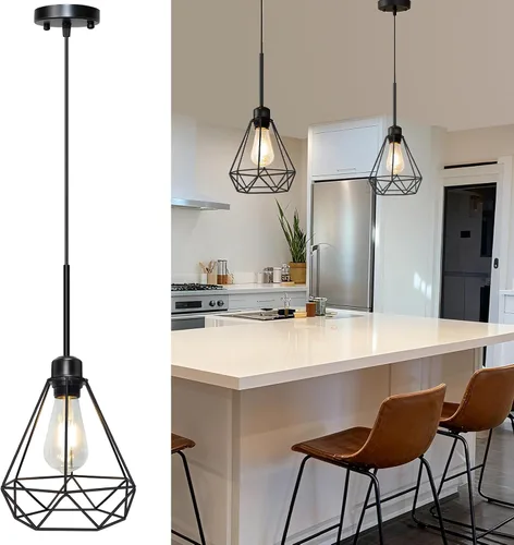 Maliralt Lámpara colgante de luces colgantes – Lámparas colgantes ajustables con pantalla de diamante de metal negro para isla de cocina, comedor