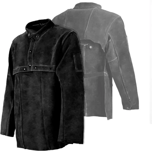 LeaSeek Chaqueta de Soldadura de Cuero - Delantal de Soldadura de Servicio Pesado con Manga, Cuero de Vaca Resistente al Calor y al Fuego para