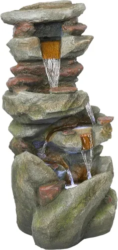 Alpine Corporation fuente de piso de roca de 4 niveles para exterior de 31" de altura, cascada con luces LED blancas frías, gris
