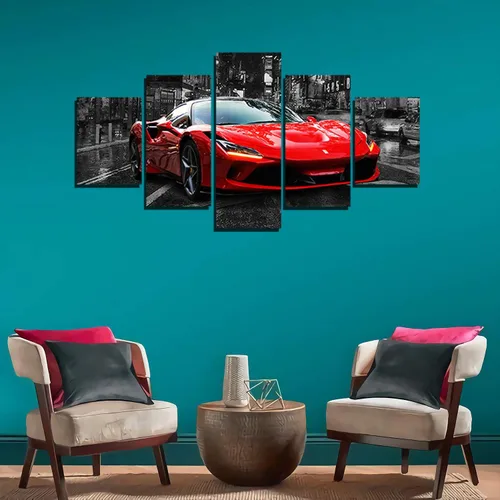 Miniatura 6 de Póster de pared en blanco y negro, 5 piezas, diseño de automóvil deportivo rojo grande, lienzo para habitación de niños, dormitorio, sala de estar
