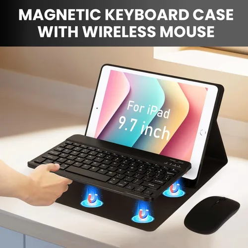 Miniatura 7 de SOPPY Funda con teclado Bluetooth con mouse para iPad de 6ª/5ª generación, iPad Pro de 9.7 pulgadas, Air 1/2, teclado inalámbrico desmontable