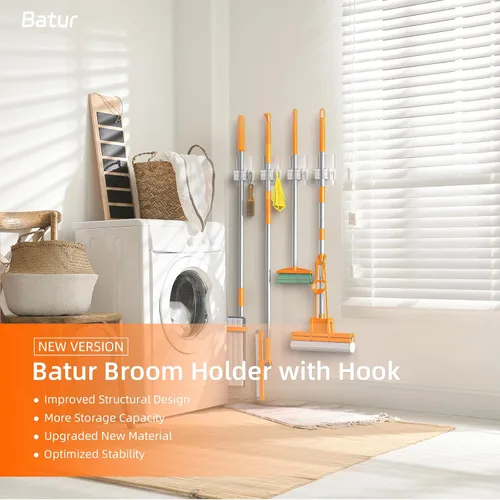 Miniatura 2 de Batur Soporte de pared para escoba, paquete de 4 soportes adhesivos para trapeador y escoba, soporte de pared, súper antideslizante, organizador