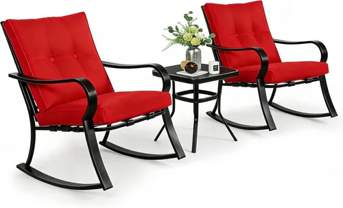 SUNCROWN Juego de 3 sillas mecedoras para exteriores, muebles de acero negro con cojín grueso y mesa de centro de cristal, color rojo